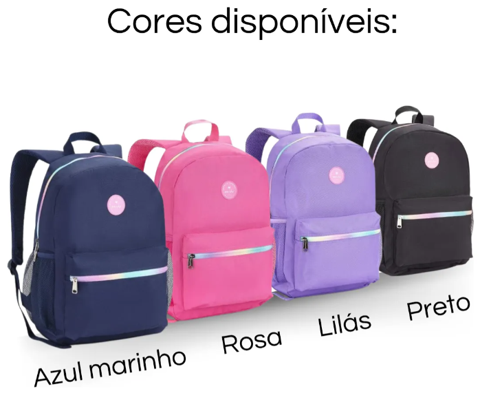 Mochila Bolsa Básica Lisa Escola Juvenil Zip Degradê Fashion - Azul, Rosa, Preto