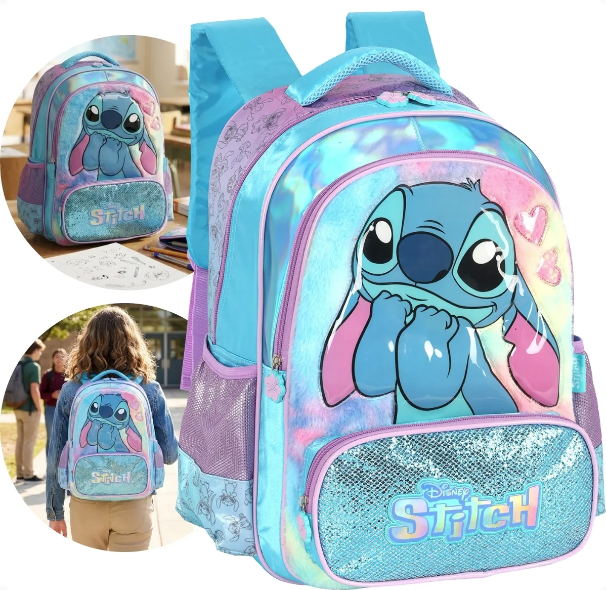 Mochila Escolar Infantil Stitch C/ Alça Acolchoada Zíper Duplo Reforçada Luxcel - Azul Peluciada